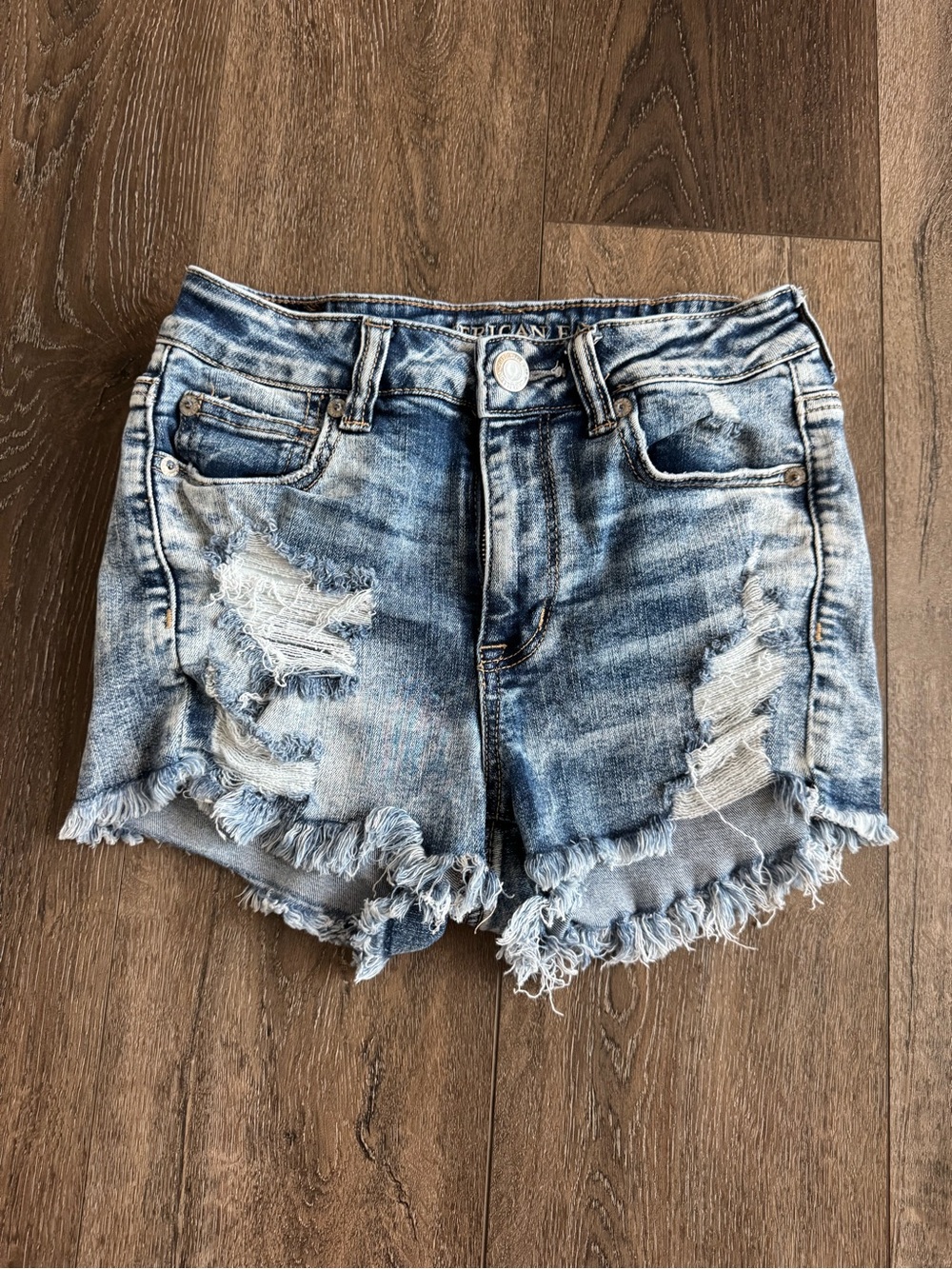 American Eagle Outfitters Distressed Blue Denim Shorts Hi Rise Shortie Size 4